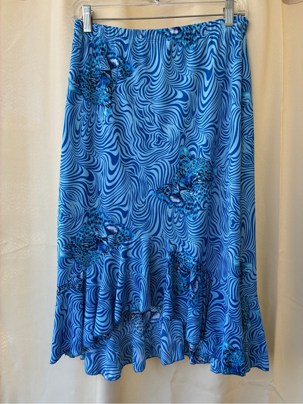 Y2K Blue Swirl Cheetah Face Ruffle Hem Skirt